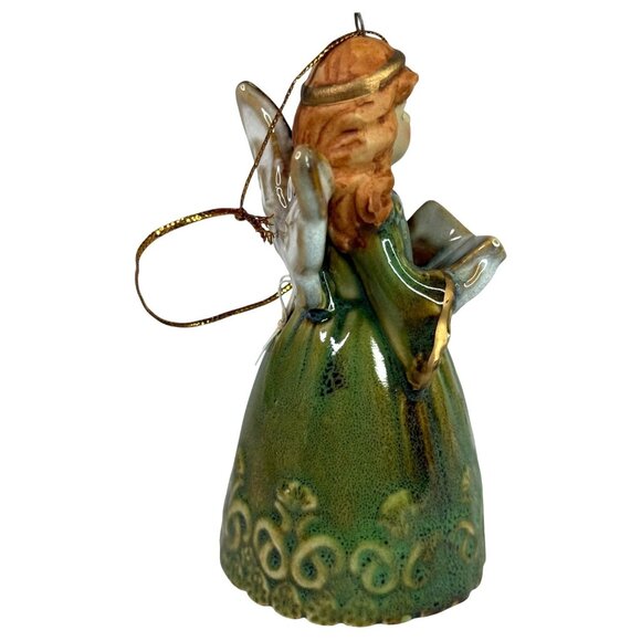 Ceramic Angel Bell figurine Christmas Ornament Green Dress Gold Accents VTG - Picture 3 of 7